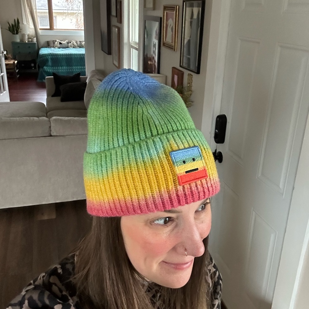 Brand New Acne Studios Pansy Rainbow Beanie - coral red/green multicolor - Picture 4 of 8